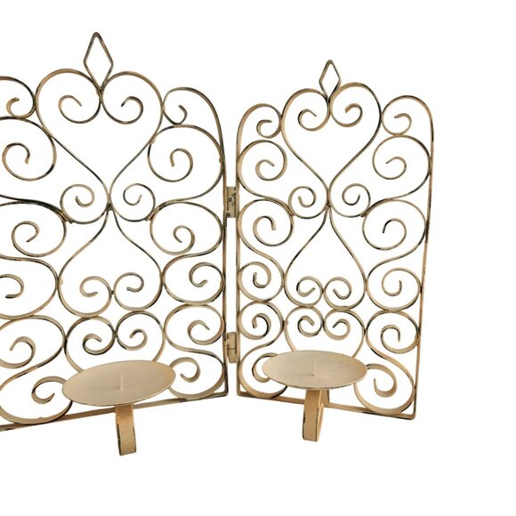 Scrolled Metal 3-Panel Folding Candelabra Screen Cream Distressed Finish - Picture 12 of 13